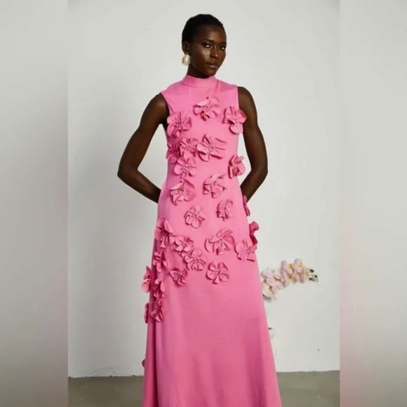 NWOT Womens 3D Flowers Bubblegum Pink Sleeveless Maxi Dress Stretch Jersey LARGE - Picture 3 of 10